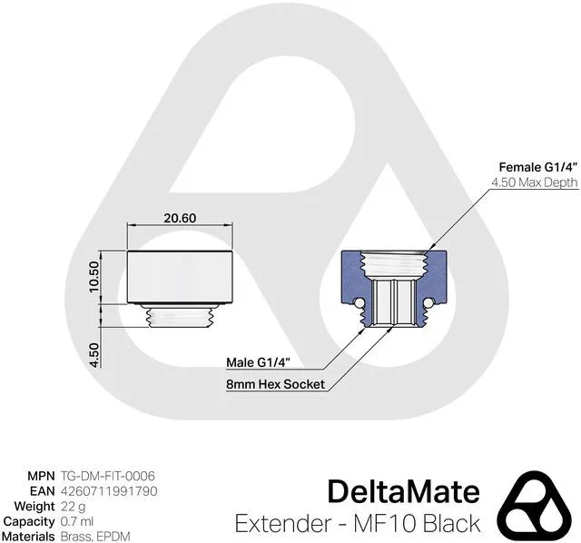 Alt view image 11 of 11 - Thermal Grizzly TG-DM-FIT-0006 DeltaMate Extender MF10 Black 10mm G1/4 Male-to-Female Spacer for Custom PC WaterCooling