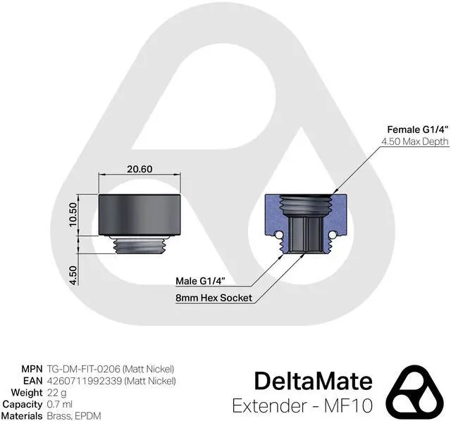 Alt view image 10 of 10 - Thermal Grizzly DeltaMate 10mm Male to Female Extender Fitting - MF10 - Matt Nickel, G1/4, Brass (TG-DM-FIT-0206)