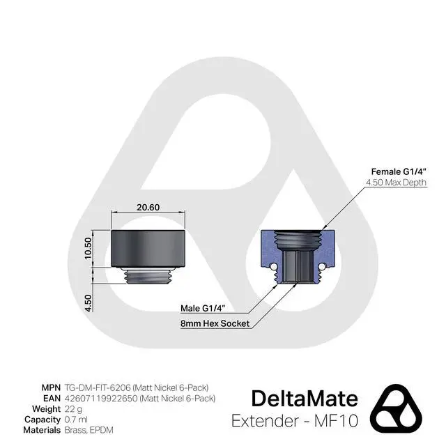 Alt view image 2 of 6 - Thermal Grizzly DeltaMate MF10 Extender Fitting, Matt Nickel, 6-pack