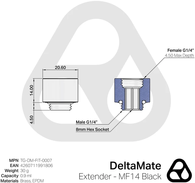 Alt view image 11 of 11 - Thermal Grizzly TG-DM-FIT-0007 DeltaMate Extender MF14 Black 14mm G1/4 Male-to-Female Spacer for Custom PC WaterCooling