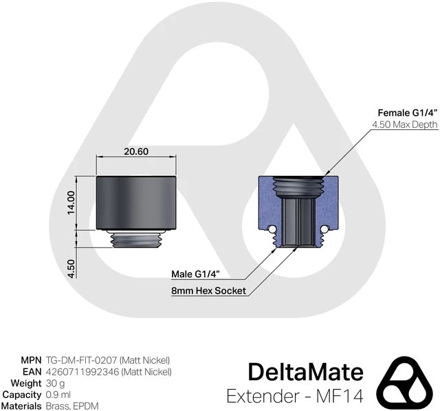 Alt view image 10 of 10 - Thermal Grizzly DeltaMate 14mm Male to Female Extender Fitting - MF14 - Matt Nickel, G1/4, Brass (TG-DM-FIT-0207)