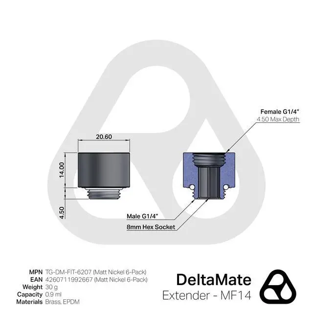 Alt view image 2 of 6 - Thermal Grizzly DeltaMate MF14 Extender Fitting, Matt Nickel, 6-pack