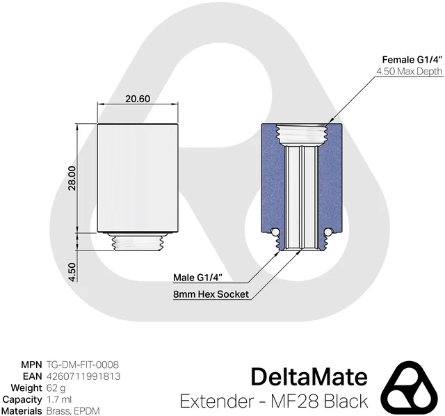 Alt view image 11 of 11 - Thermal Grizzly TG-DM-FIT-0008 DeltaMate Extender MF28 Black 28mm G1/4 Male-to-Female Spacer for Custom PC Water-Cooling