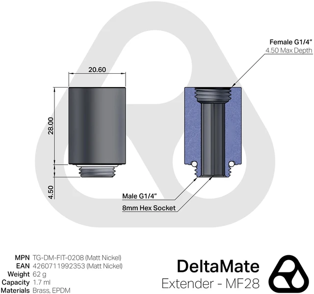 Alt view image 10 of 10 - Thermal Grizzly DeltaMate 28mm Male to Female Extender Fitting - MF28 - Matt Nickel, G1/4, Brass (TG-DM-FIT-0208)