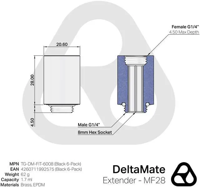 Alt view image 2 of 7 - Thermal Grizzly DeltaMate MF28 Extender Fitting, Black, 6-pack