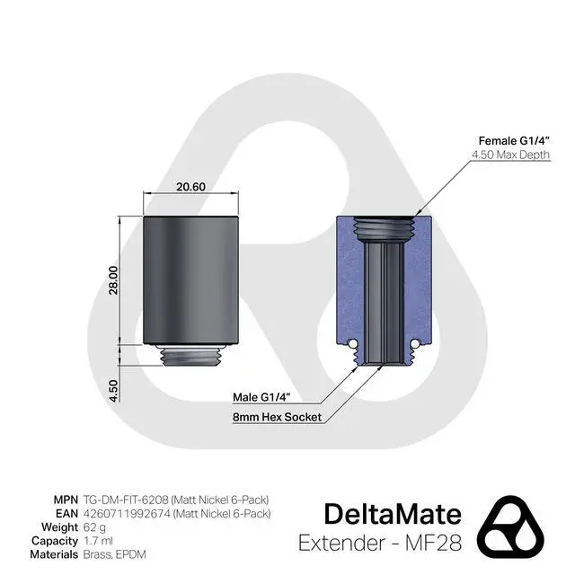 Alt view image 2 of 6 - Thermal Grizzly DeltaMate MF28 Extender Fitting, Matt Nickel, 6-pack