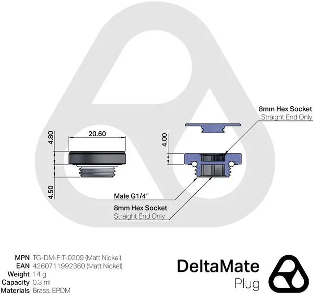 Alt view image 10 of 10 - Thermal Grizzly DeltaMate G1/4" Plug Fitting - Matt Nickel, Brass (TG-DM-FIT-0209)
