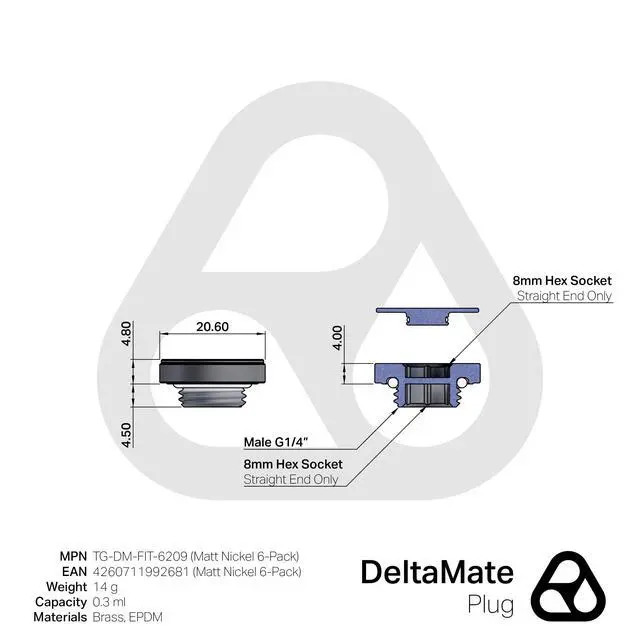 Alt view image 2 of 5 - Thermal Grizzly DeltaMate Plug, Matt Nickel, 6-pack