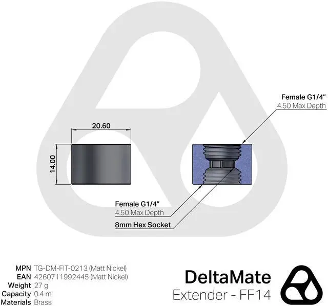 Alt view image 9 of 9 - Thermal Grizzly DeltaMate 14mm Female to Female Extender Fitting - FF14 - Matt Nickel, G1/4, Brass (TG-DM-FIT-0213)