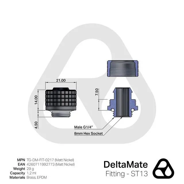 Alt view image 2 of 5 - Thermal Grizzly DeltaMate ST13 Compression Fitting for Soft Tubing, 10mm ID/13mm OD, Matt Nickel