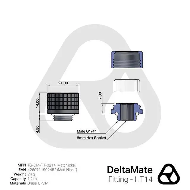 Alt view image 2 of 5 - Thermal Grizzly DeltaMate HT14 Compression Fitting for Rigid Tubing, 14mm OD, Matt Nickel