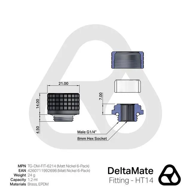 Alt view image 2 of 7 - Thermal Grizzly DeltaMate HT14 Compression Fitting for Rigid Tubing, 14mm OD, Matt Nickel, 6-pack