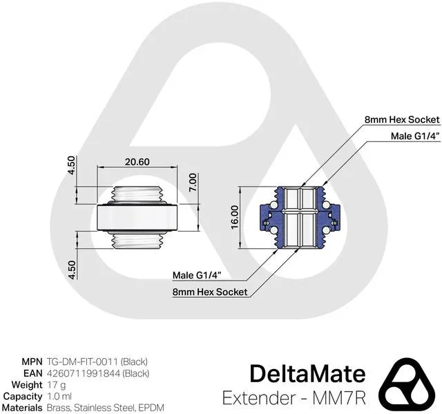 Alt view image 9 of 13 - Thermal Grizzly DeltaMate 7mm Male to Male Extender Fitting - MM7R - Black, G1/4, Brass (TG-DM-FIT-0011)