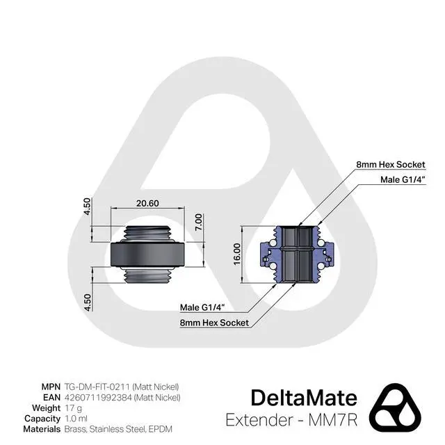 Alt view image 2 of 4 - Thermal Grizzly DeltaMate MM7R Extender Fitting, Matt Nickel