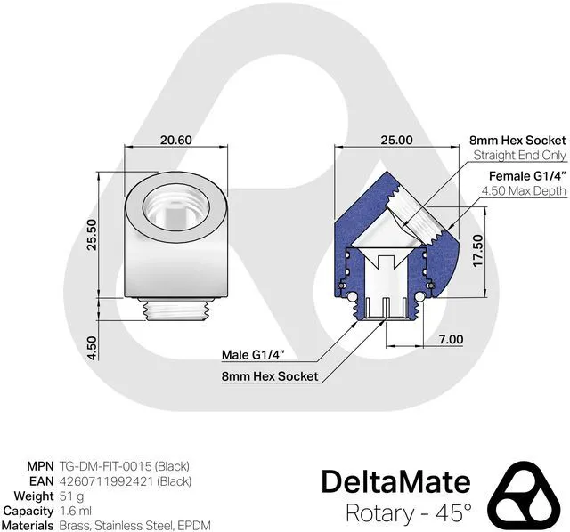 Alt view image 9 of 12 - Thermal Grizzly DeltaMate Rotary Fitting - 45° - Black, G1/4, Brass (TG-DM-FIT-0015)