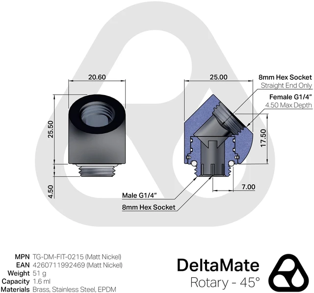 Alt view image 9 of 12 - Thermal Grizzly DeltaMate Rotary Fitting - 45° - Matt Nickel, G1/4, Brass (TG-DM-FIT-0215)