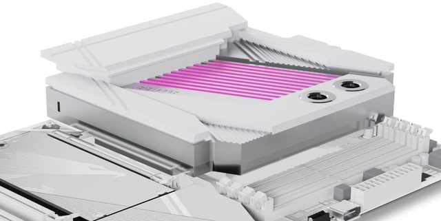 Alt view image 12 of 13 - Alphacool Apex Monoblock for X870 AORUS ELITE WIFI7 ICE Montherboard, G1/4, Chrome Plated Copper, White (14683)