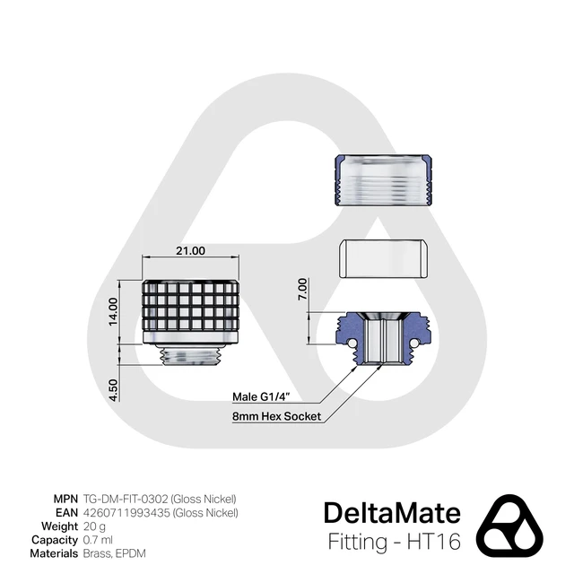 Alt view image 4 of 7 - Thermal Grizzly DeltaMate HT16 Compression Fitting for Rigid Tubing, 16mm OD, Gloss Nickel, 6-pack