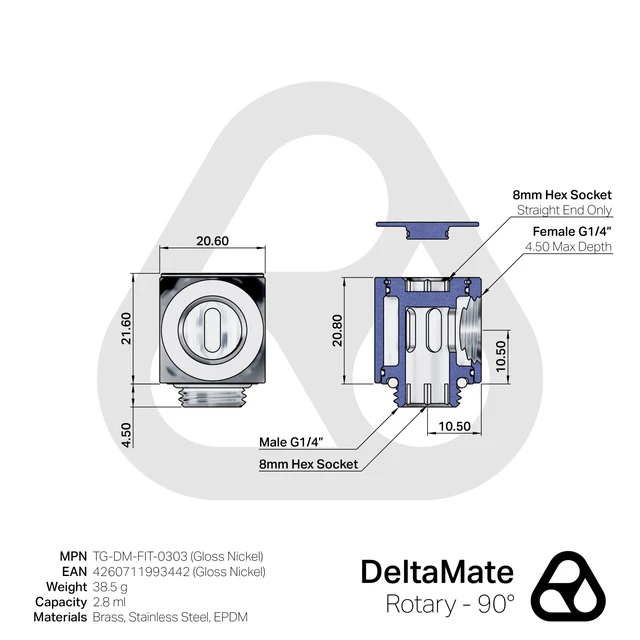 Alt view image 5 of 7 - Thermal Grizzly DeltaMate 90 Degree Rotary Fitting, Gloss Nickel