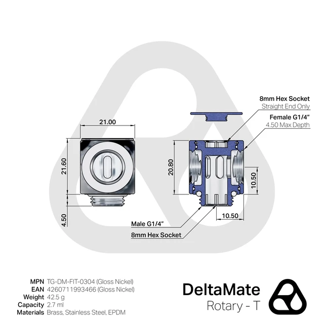 Alt view image 4 of 5 - Thermal Grizzly DeltaMate Rotary T Fitting, Gloss Nickel