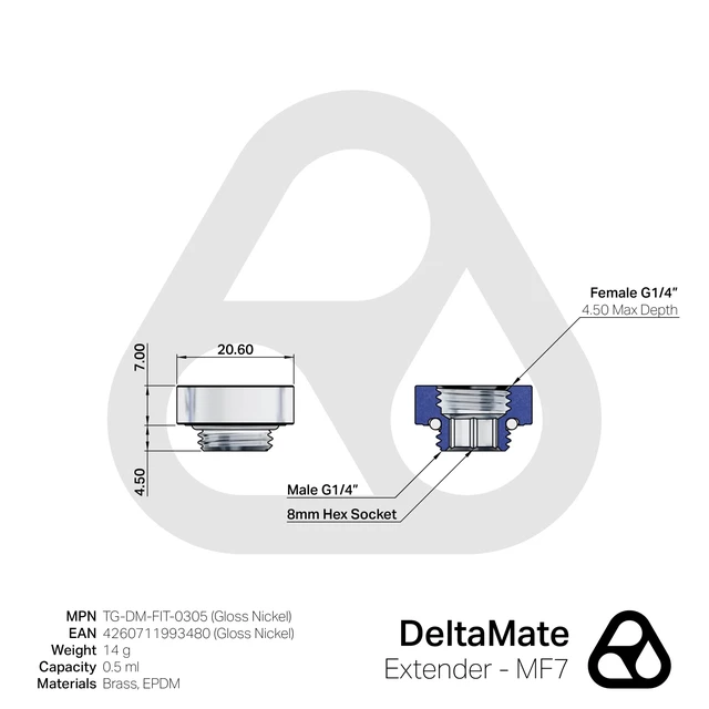 Alt view image 3 of 6 - Thermal Grizzly DeltaMate MF7 Extender Fitting, Gloss Nickel, 6-pack