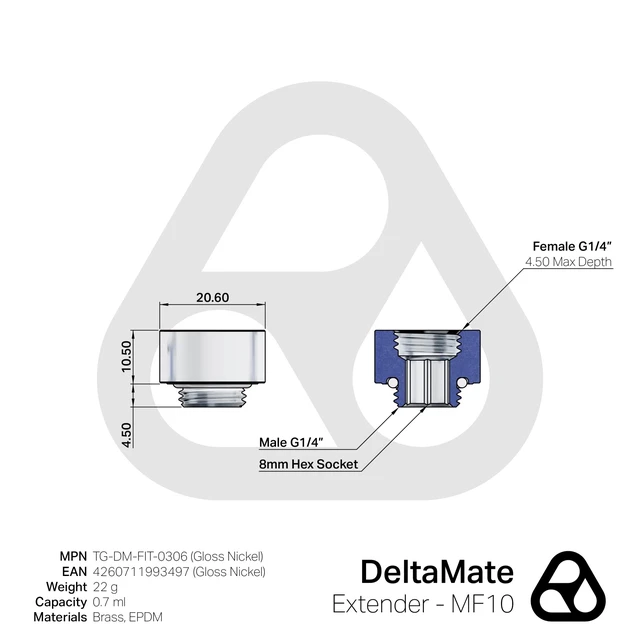Alt view image 3 of 5 - Thermal Grizzly DeltaMate MF10 Extender Fitting, Gloss Nickel