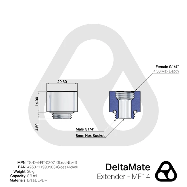 Alt view image 3 of 5 - Thermal Grizzly DeltaMate MF14 Extender Fitting, Gloss Nickel, 6-pack