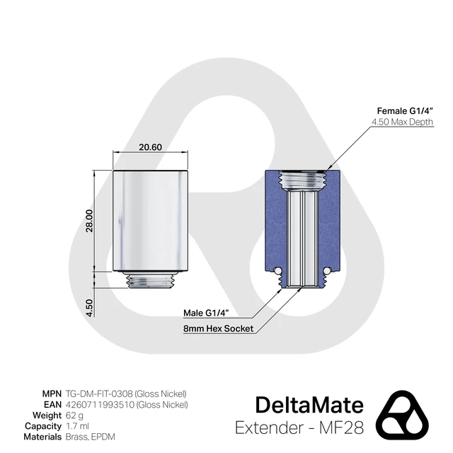 Alt view image 3 of 5 - Thermal Grizzly DeltaMate MF28 Extender Fitting, Gloss Nickel