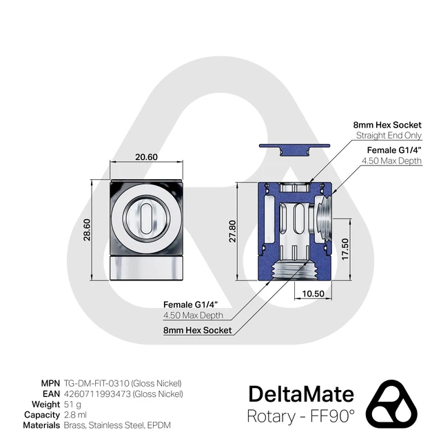 Alt view image 5 of 7 - Thermal Grizzly DeltaMate FF 90 Degree Rotary Fitting, Gloss Nickel