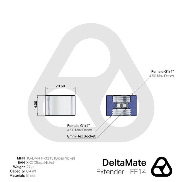 Alt view image 3 of 5 - Thermal Grizzly DeltaMate FF14 Extender Fitting, Gloss Nickel