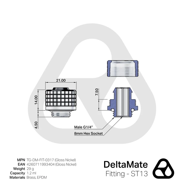 Alt view image 4 of 7 - Thermal Grizzly DeltaMate ST13 Compression Fitting for Soft Tubing, 10mm ID/13mm OD, Gloss Nickel, 6-pack