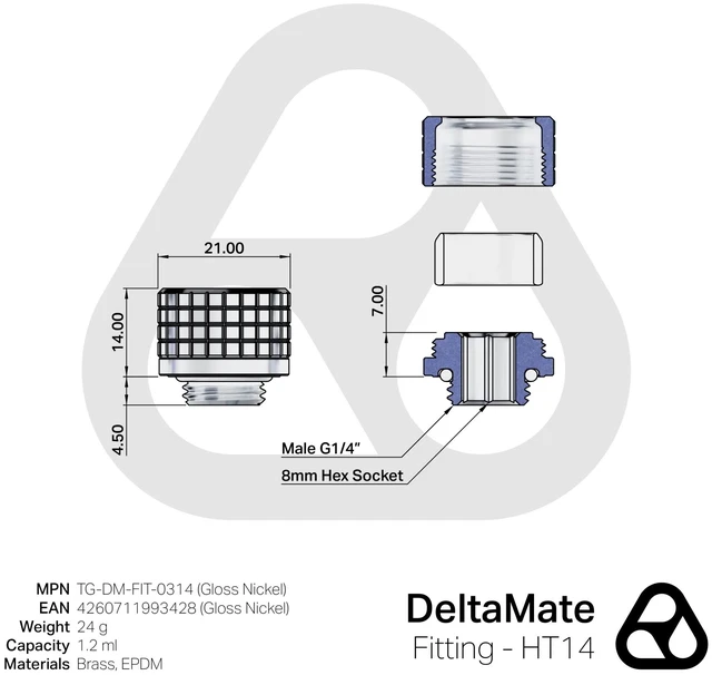 Alt view image 4 of 6 - Thermal Grizzly DeltaMate HT14 Compression Fitting for Rigid Tubing, 14mm OD, Gloss Nickel