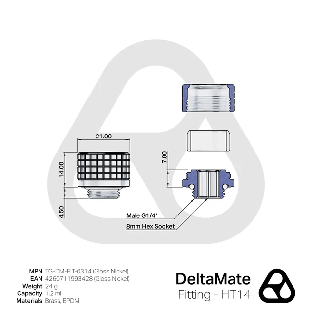 Alt view image 4 of 7 - Thermal Grizzly DeltaMate HT14 Compression Fitting for Rigid Tubing, 14mm OD, Gloss Nickel, 6-pack
