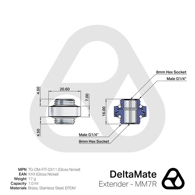 Alt view image 3 of 5 - Thermal Grizzly DeltaMate MM7R Extender Fitting, Gloss Nickel
