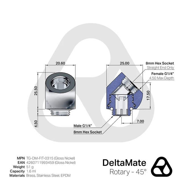 Alt view image 4 of 5 - Thermal Grizzly DeltaMate 45 Degree Rotary Fitting, Gloss Nickel