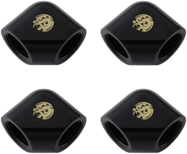 Main image of Bitspower G1/4" Female to Female Extender Fitting, 90 Degree Angle, Matte Black, 4-pack