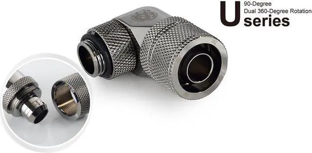Alt view image 3 of 7 - Bitspower G1/4" to 3/8" ID, 5/8" OD Compression Fitting for Soft Tubing, CC3 Ultimate, 90 Degree Dual Rotary, Black Sparkle