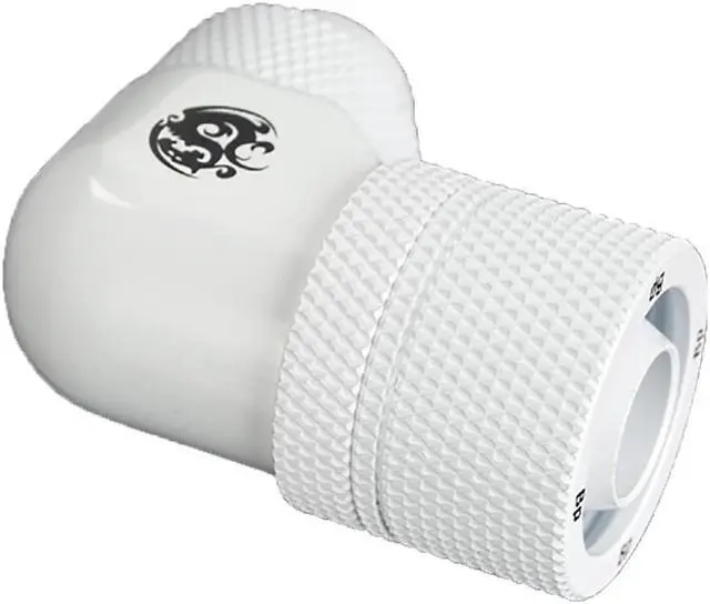 Main image of Bitspower G1/4" to 3/8" ID, 5/8" OD Compression Fitting for Soft Tubing, CC3 Ultimate, 90 Degree Dual Rotary, Deluxe White