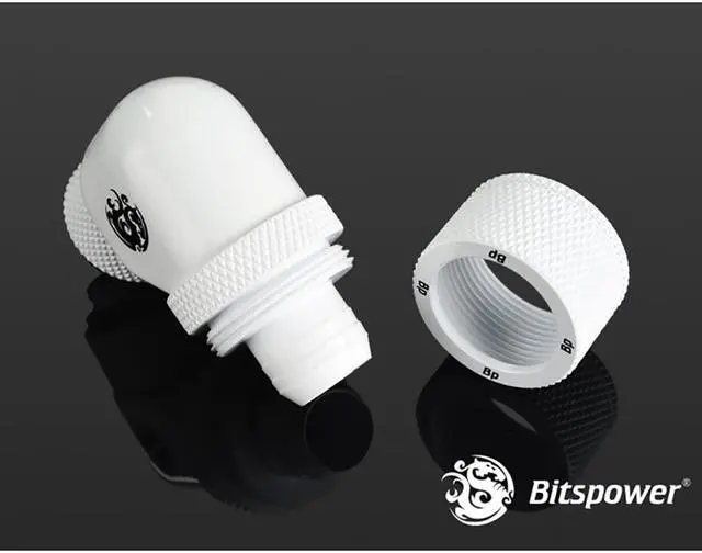Alt view image 3 of 3 - Bitspower G1/4" to 3/8" ID, 5/8" OD Compression Fitting for Soft Tubing, CC3 Ultimate, 90 Degree Dual Rotary, Deluxe White