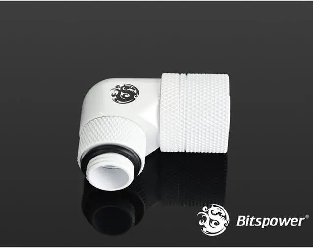 Alt view image 2 of 3 - Bitspower G1/4" to 3/8" ID, 5/8" OD Compression Fitting for Soft Tubing, CC3 Ultimate, 90 Degree Dual Rotary, Deluxe White