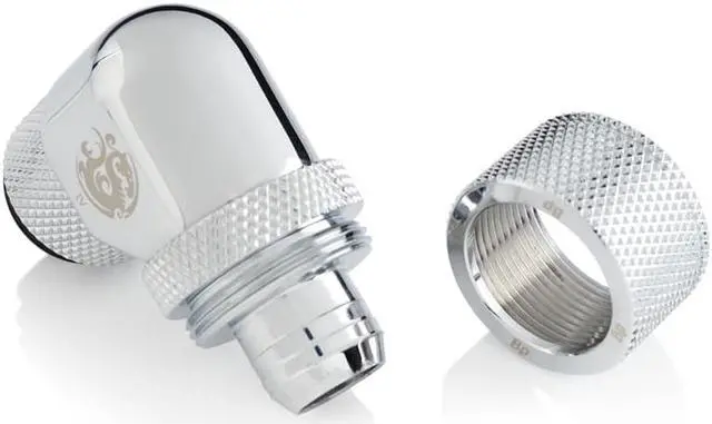 Alt view image 3 of 4 - Bitspower G1/4" to 3/8" ID, 5/8" OD Compression Fitting for Soft Tubing, CC3 Ultimate, 90 Degree Dual Rotary, Silver Shining