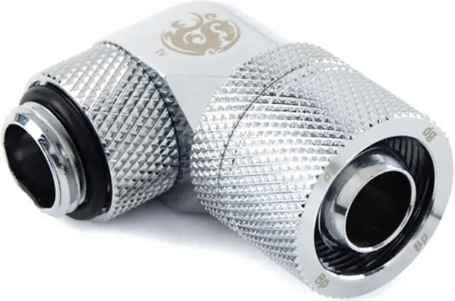 Main image of Bitspower G1/4" to 3/8" ID, 5/8" OD Compression Fitting for Soft Tubing, CC3 Ultimate, 90 Degree Dual Rotary, Silver Shining