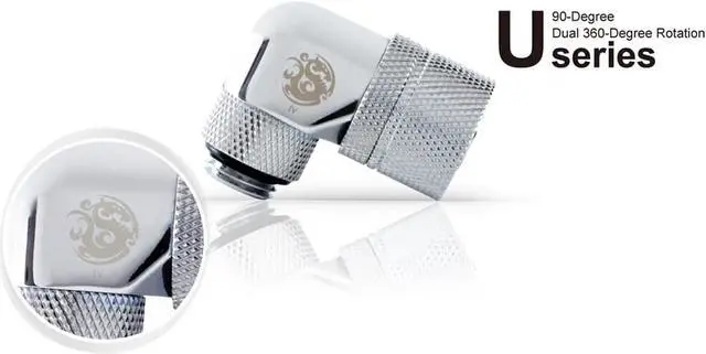 Alt view image 2 of 4 - Bitspower G1/4" to 3/8" ID, 5/8" OD Compression Fitting for Soft Tubing, CC3 Ultimate, 90 Degree Dual Rotary, Silver Shining