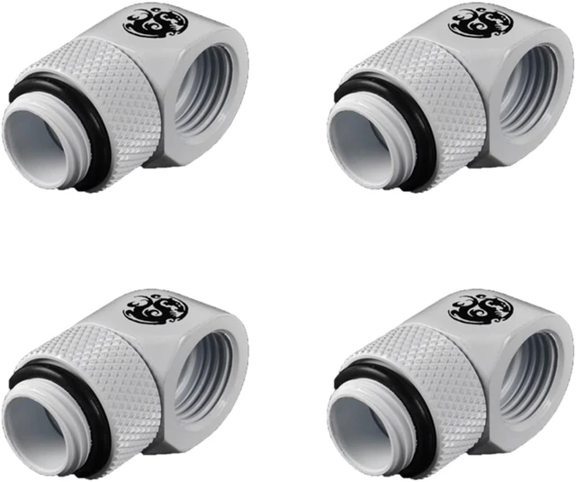 Alt view image 2 of 5 - Bitspower G1/4" Male to Female Extender Fitting, 90 Degree Rotary, Deluxe White, 4-pack