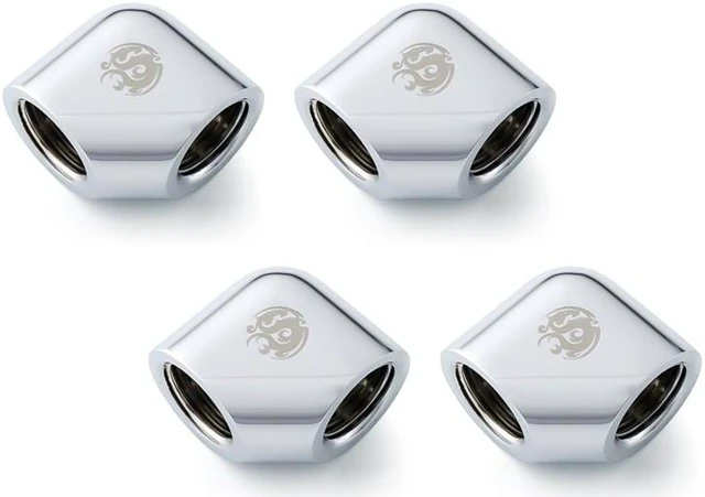 Main image of Bitspower G1/4" Female to Female Extender Fitting, 90 Degree Angle, Silver Shining, 4-pack