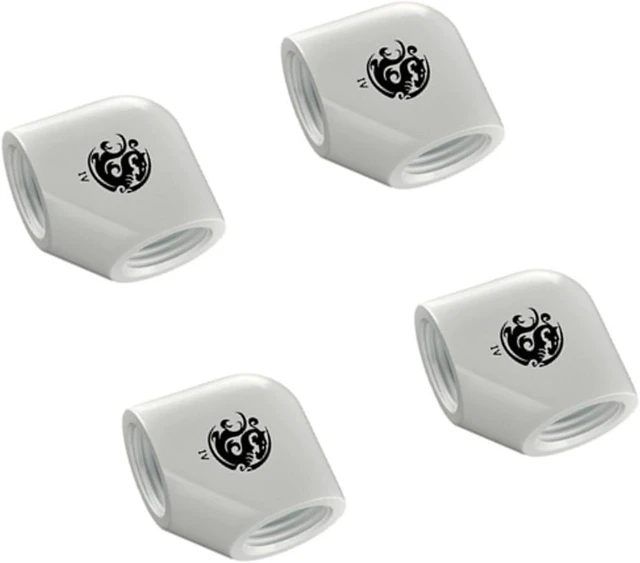 Main image of Bitspower G1/4" Female to Female Extender Fitting, 90 Degree Angle, Deluxe White, 4-pack