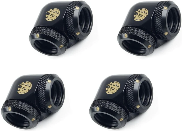 Main image of Bitspower Dual Enhance Multi-Link Adapter Fitting for 14mm OD Rigid Tubing, 90? Angle (For Use with Bitspower Rigid Tubing Only), Matte Black, 4-pack