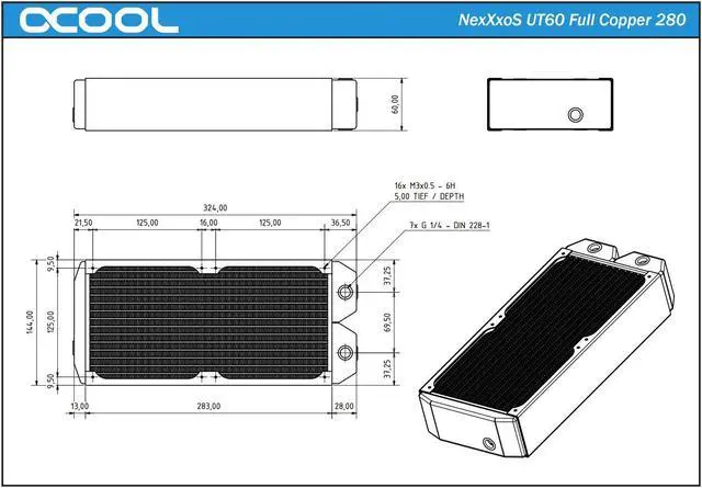 Alt view image 7 of 10 - Alphacool NexXxos UT60 Full Copper Radiator 280, 140mm x 2, Dual Fan, Black