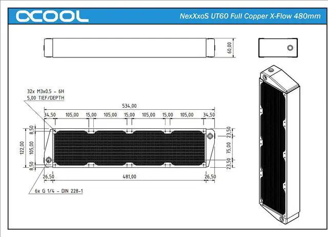 Alt view image 7 of 10 - Alphacool NexXxos UT60 Full Copper X-Flow Radiator 480, 120mm x 4, Quad Fan, Black