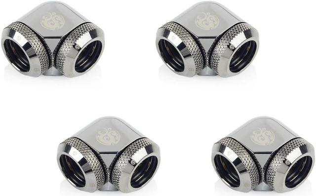 Main image of Bitspower Dual Enhance Multi-Link Adapter Fitting for 14mm OD Rigid Tubing, 90 Degree Angle, Black Sparkle, 4-pack